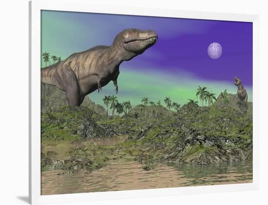 Tyrannosaurus Rex Dinosaurs in Prehistoric Landscape at Night-null-Framed Art Print