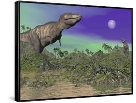 Tyrannosaurus Rex Dinosaurs in Prehistoric Landscape at Night-null-Framed Stretched Canvas