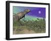 Tyrannosaurus Rex Dinosaurs in Prehistoric Landscape at Night-null-Framed Art Print