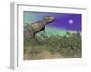 Tyrannosaurus Rex Dinosaurs in Prehistoric Landscape at Night-null-Framed Art Print