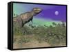 Tyrannosaurus Rex Dinosaurs in Prehistoric Landscape at Night-null-Framed Stretched Canvas