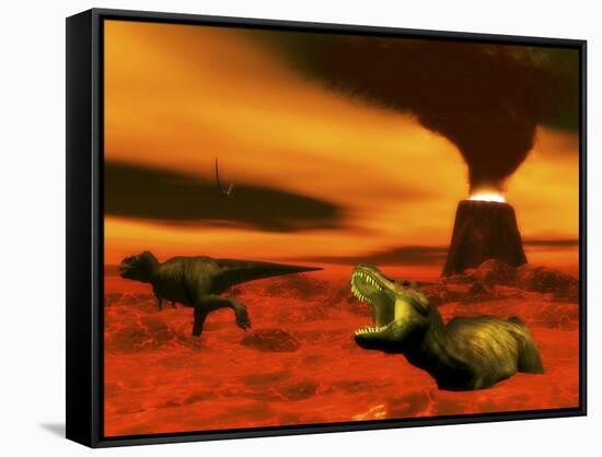 Tyrannosaurus Rex Dinosaurs Struggle to Survive from a Volcanic Eruption-null-Framed Stretched Canvas