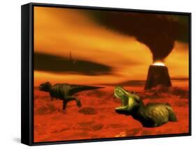 Tyrannosaurus Rex Dinosaurs Struggle to Survive from a Volcanic Eruption-null-Framed Stretched Canvas