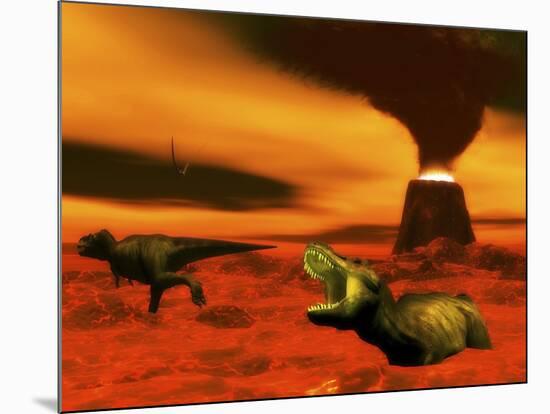 Tyrannosaurus Rex Dinosaurs Struggle to Survive from a Volcanic Eruption-null-Mounted Art Print