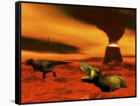 Tyrannosaurus Rex Dinosaurs Struggle to Survive from a Volcanic Eruption-null-Framed Stretched Canvas