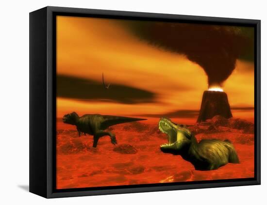 Tyrannosaurus Rex Dinosaurs Struggle to Survive from a Volcanic Eruption-null-Framed Stretched Canvas