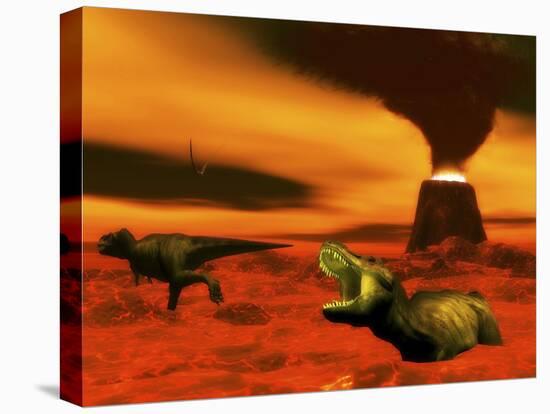 Tyrannosaurus Rex Dinosaurs Struggle to Survive from a Volcanic Eruption-null-Stretched Canvas