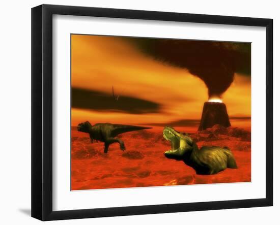 Tyrannosaurus Rex Dinosaurs Struggle to Survive from a Volcanic Eruption-null-Framed Art Print