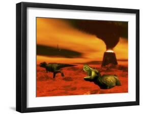 Tyrannosaurus Rex Dinosaurs Struggle to Survive from a Volcanic Eruption-null-Framed Art Print