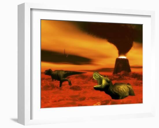 Tyrannosaurus Rex Dinosaurs Struggle to Survive from a Volcanic Eruption-null-Framed Art Print