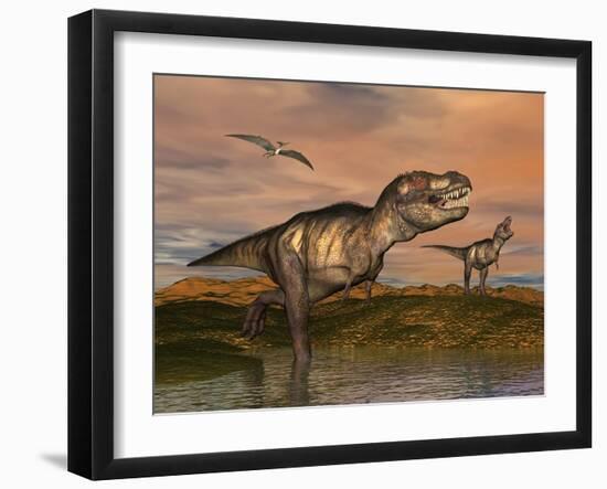 Tyrannosaurus Rex Dinosaurs with Pteranodon Bird Flying Above-null-Framed Art Print