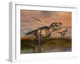 Tyrannosaurus Rex Dinosaurs with Pteranodon Bird Flying Above-null-Framed Art Print