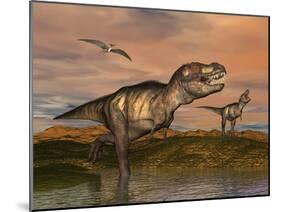 Tyrannosaurus Rex Dinosaurs with Pteranodon Bird Flying Above-null-Mounted Art Print