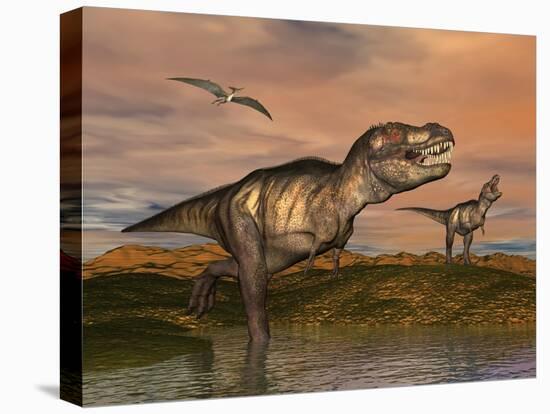 Tyrannosaurus Rex Dinosaurs with Pteranodon Bird Flying Above-null-Stretched Canvas