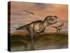 Tyrannosaurus Rex Dinosaurs with Pteranodon Bird Flying Above-null-Stretched Canvas