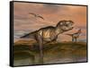 Tyrannosaurus Rex Dinosaurs with Pteranodon Bird Flying Above-null-Framed Stretched Canvas