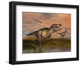 Tyrannosaurus Rex Dinosaurs with Pteranodon Bird Flying Above-null-Framed Art Print