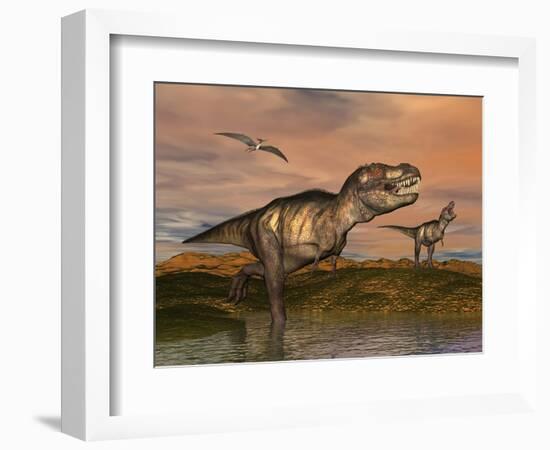 Tyrannosaurus Rex Dinosaurs with Pteranodon Bird Flying Above-null-Framed Art Print