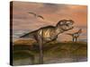 Tyrannosaurus Rex Dinosaurs with Pteranodon Bird Flying Above-null-Stretched Canvas