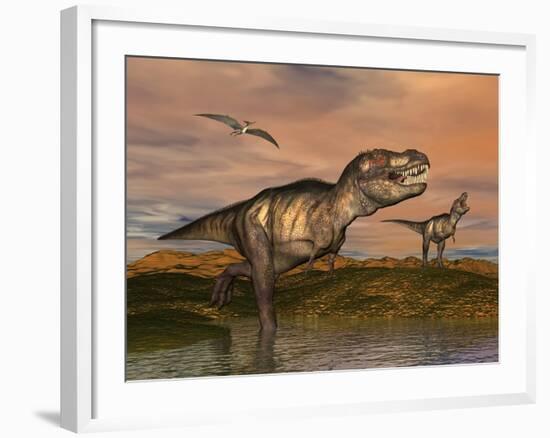 Tyrannosaurus Rex Dinosaurs with Pteranodon Bird Flying Above-null-Framed Art Print