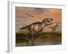 Tyrannosaurus Rex Dinosaurs with Pteranodon Bird Flying Above-null-Framed Art Print