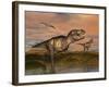 Tyrannosaurus Rex Dinosaurs with Pteranodon Bird Flying Above-null-Framed Art Print