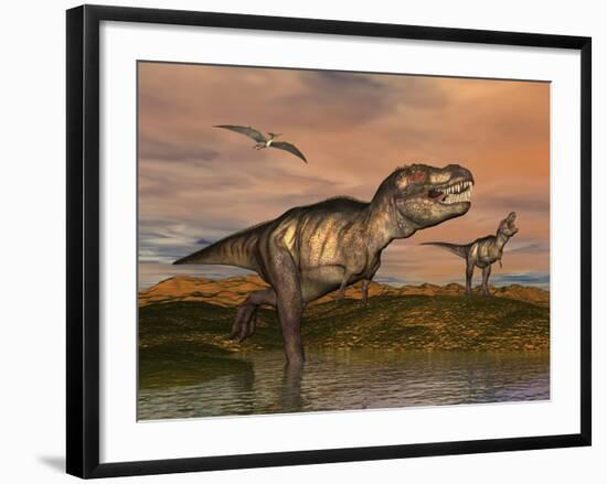 Tyrannosaurus Rex Dinosaurs with Pteranodon Bird Flying Above-null-Framed Art Print