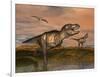 Tyrannosaurus Rex Dinosaurs with Pteranodon Bird Flying Above-null-Framed Art Print