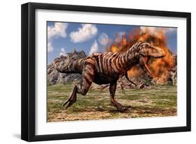 Tyrannosaurus Rex Escaping a Volcanic Eruption-null-Framed Art Print