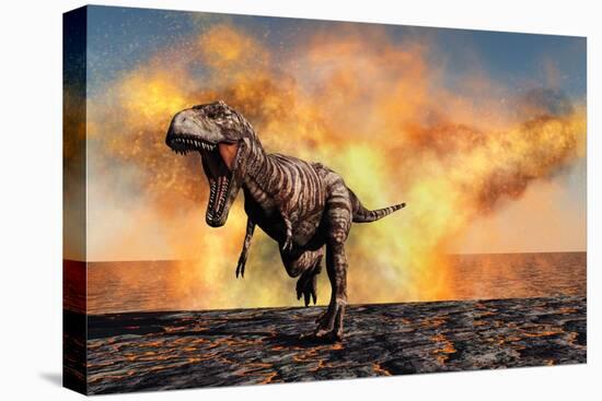 Tyrannosaurus Rex Escaping from a Violent Fire Storm-null-Stretched Canvas