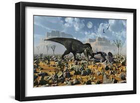 Tyrannosaurus Rex Feeding on a Triceratops Carcass-null-Framed Art Print