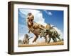 Tyrannosaurus Rex Fighting with Two Triceratops-null-Framed Art Print