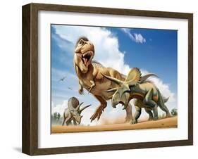 Tyrannosaurus Rex Fighting with Two Triceratops-null-Framed Art Print