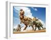 Tyrannosaurus Rex Fighting with Two Triceratops-null-Framed Art Print