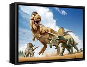 Tyrannosaurus Rex Fighting with Two Triceratops-null-Framed Stretched Canvas