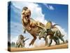 Tyrannosaurus Rex Fighting with Two Triceratops-null-Stretched Canvas