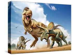 Tyrannosaurus Rex Fighting with Two Triceratops-null-Stretched Canvas