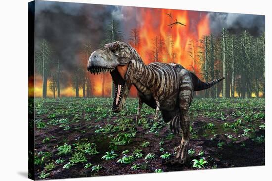 Tyrannosaurus Rex Fleeing from a Deadly Forest Fire-null-Stretched Canvas