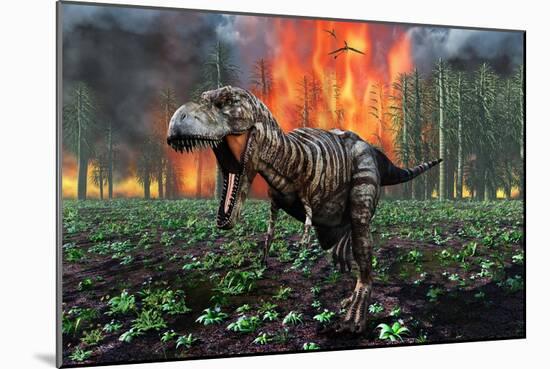 Tyrannosaurus Rex Fleeing from a Deadly Forest Fire-null-Mounted Art Print