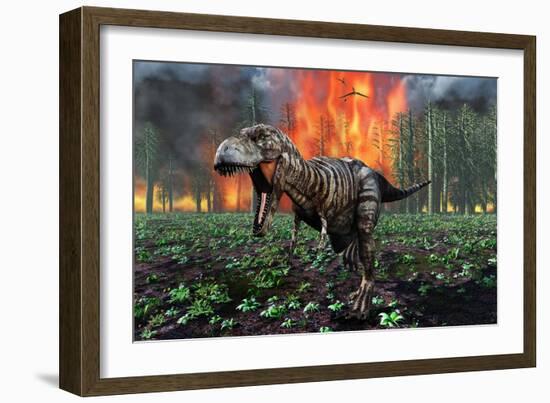 Tyrannosaurus Rex Fleeing from a Deadly Forest Fire-null-Framed Premium Giclee Print