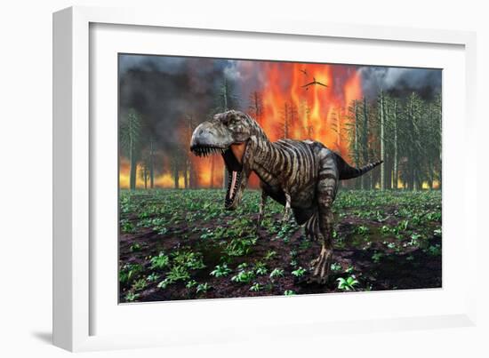 Tyrannosaurus Rex Fleeing from a Deadly Forest Fire-null-Framed Premium Giclee Print