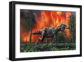 Tyrannosaurus Rex Fleeing from a Deadly Forest Fire-null-Framed Art Print