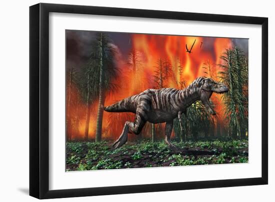 Tyrannosaurus Rex Fleeing from a Deadly Forest Fire-null-Framed Art Print