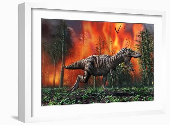 Tyrannosaurus Rex Fleeing from a Deadly Forest Fire-null-Framed Art Print