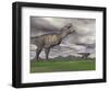 Tyrannosaurus Rex Growling as a Fellow T-Rex Runs Away-null-Framed Art Print