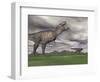 Tyrannosaurus Rex Growling as a Fellow T-Rex Runs Away-null-Framed Art Print