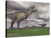 Tyrannosaurus Rex Growling as a Fellow T-Rex Runs Away-null-Stretched Canvas