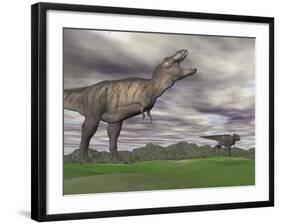 Tyrannosaurus Rex Growling as a Fellow T-Rex Runs Away-null-Framed Art Print