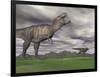 Tyrannosaurus Rex Growling as a Fellow T-Rex Runs Away-null-Framed Art Print