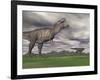 Tyrannosaurus Rex Growling as a Fellow T-Rex Runs Away-null-Framed Art Print